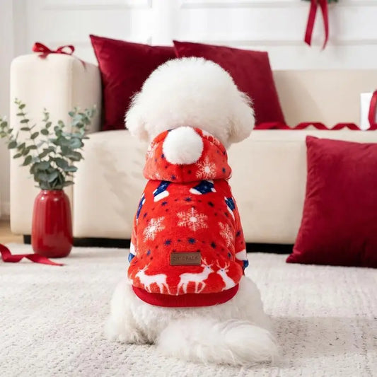 Christmas Flannel Pet Hoodie with Pom Pom Hat โ Festive Outfit for Dogs & Cats