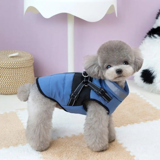 Waterproof Padded Dog Winter Jacket – Reflective Zipper Coat with Built-In Harness