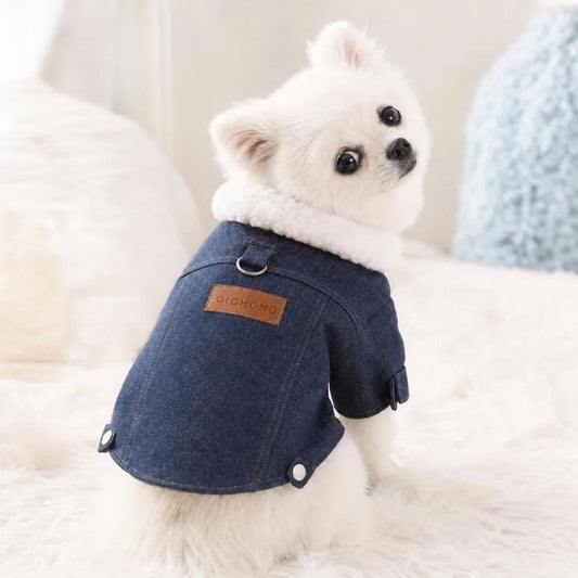 Denim Style Pet Winter Vest – Warm Windproof Coat with D-Ring for Dogs & Cats