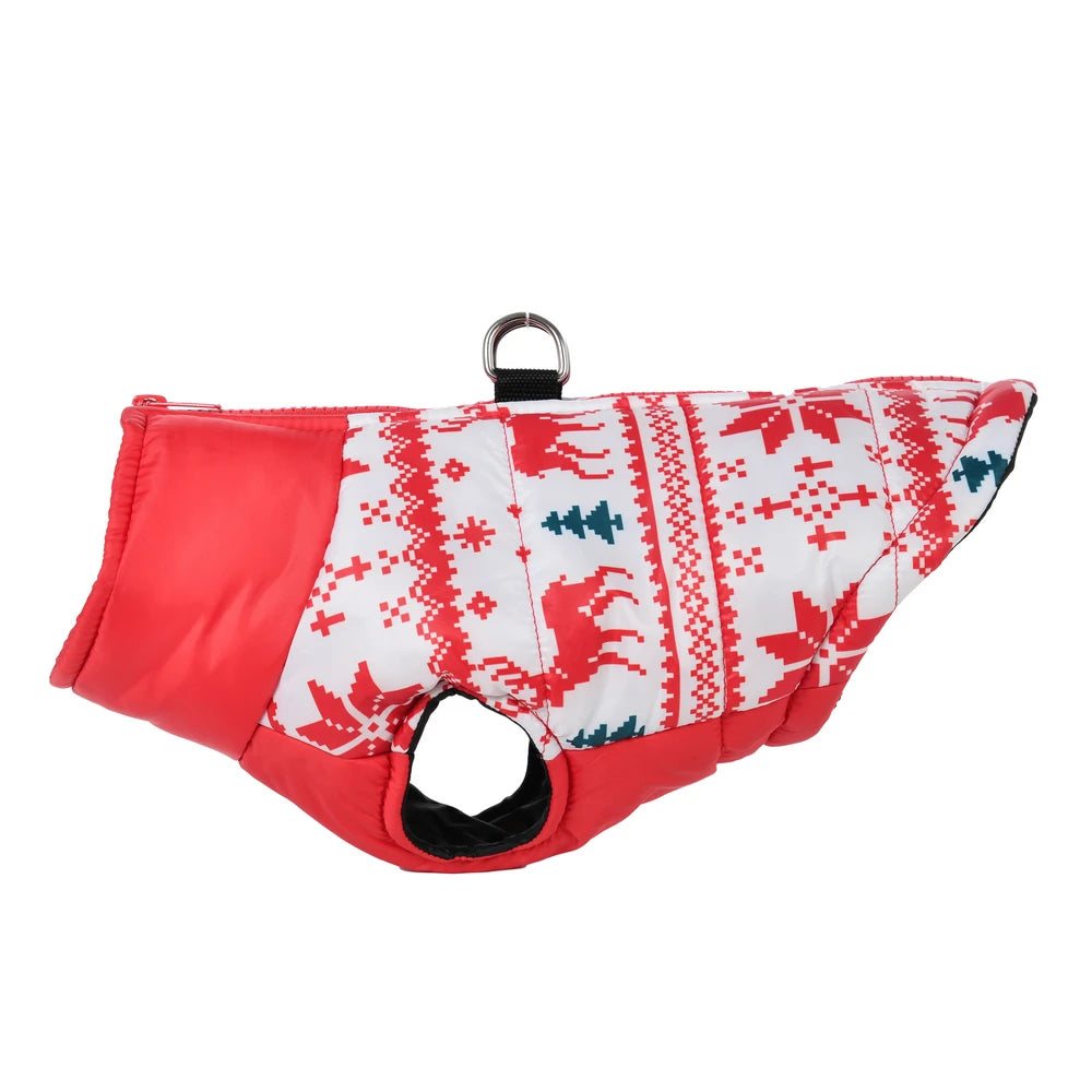 Christmas Print Pet Jacket – Winter Coat with D-Ring for Dogs & Cats