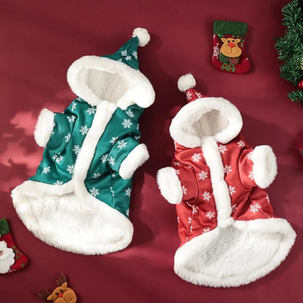Snowflake Christmas Pet Jumpsuit – Thickened Plush Hooded Coat for Dogs & Cats