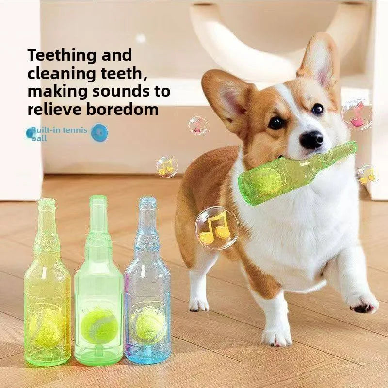 Beer Bottle Pet Chew Toy with Tennis Ball – Squeaky Interactive Toy for Dogs & Cats