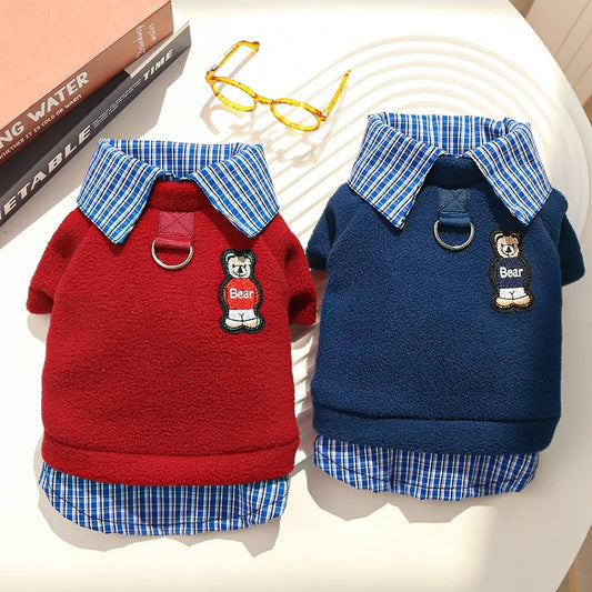 Bear Print Plaid Pet Hoodie – Cozy Autumn Sweatshirt for Dogs & Cats