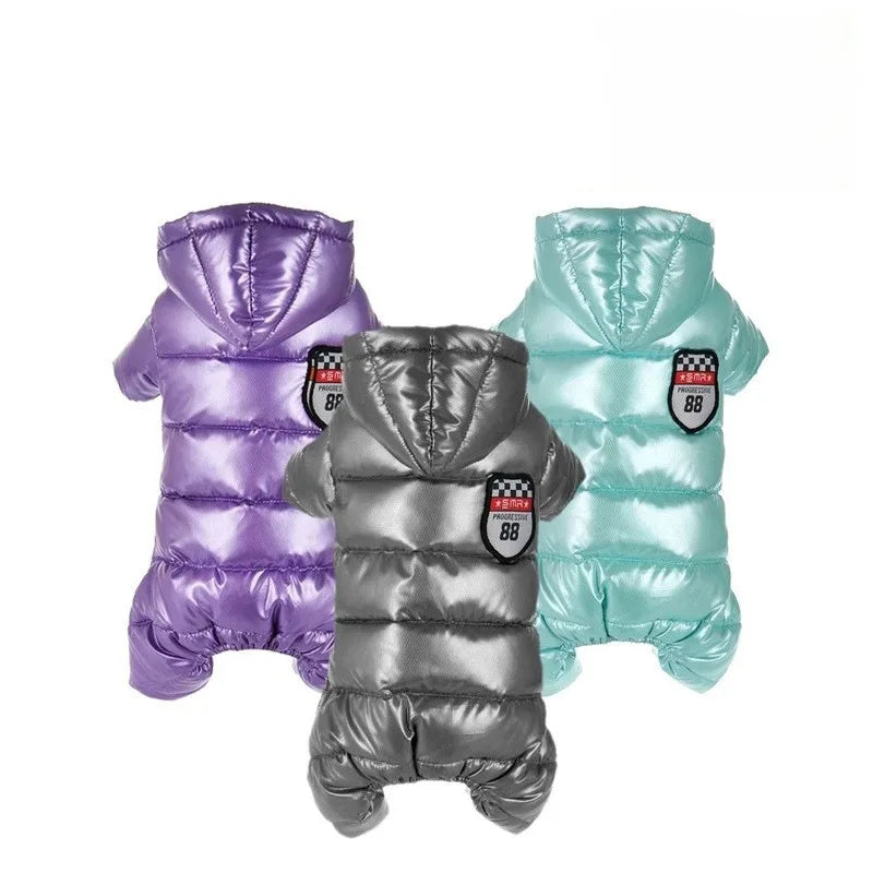 Shiny Hooded Dog Puffer Jumpsuit – Quilted Four-Leg Winter Coat