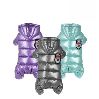 Shiny Hooded Dog Puffer Jumpsuit – Quilted Four-Leg Winter Coat