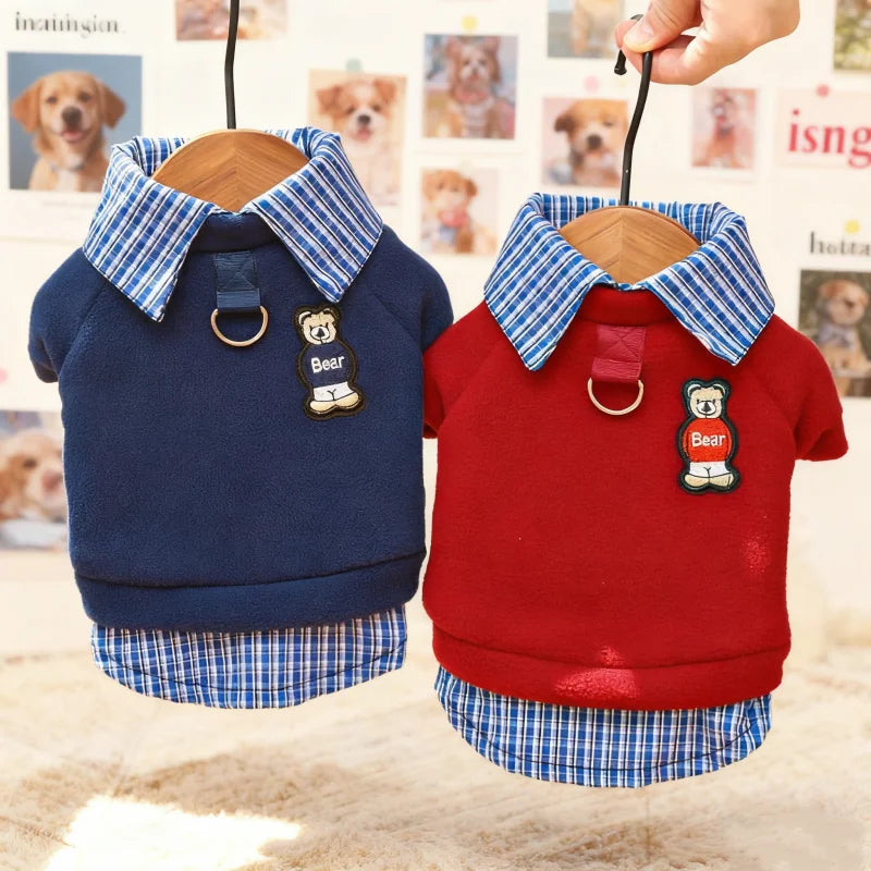 Bear Print Plaid Pet Hoodie – Cozy Autumn Sweatshirt for Dogs & Cats