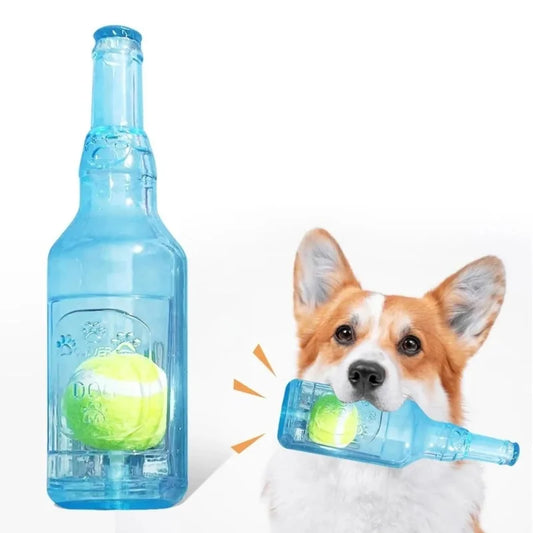 Beer Bottle Pet Chew Toy with Tennis Ball – Squeaky Interactive Toy for Dogs & Cats