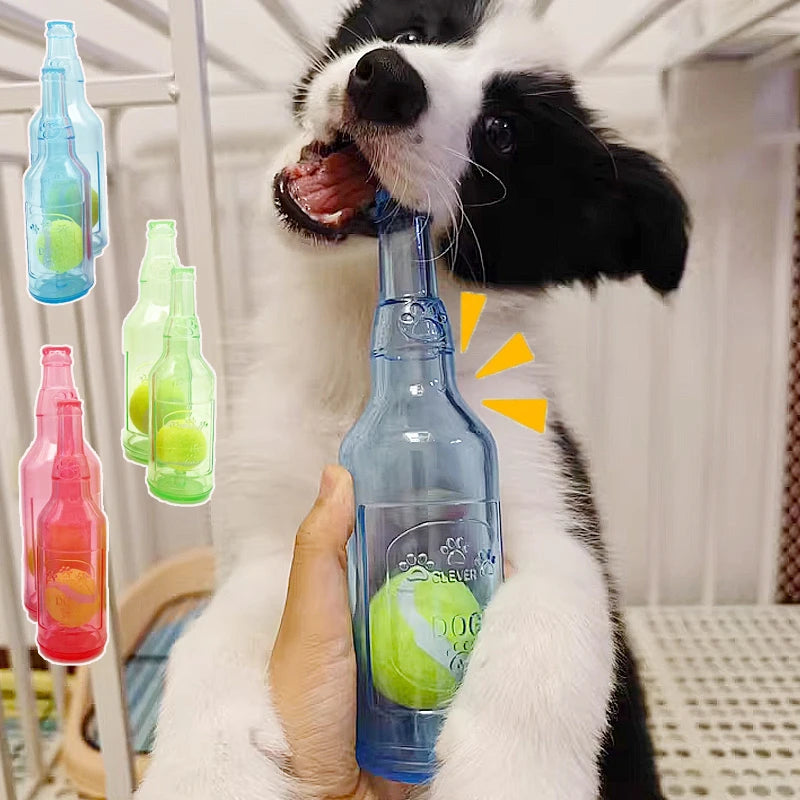 Beer Bottle Dog Chew Toy with Tennis Ball – Squeaky Interactive Dental Toy