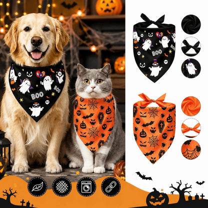 Cute Halloween Pet Bandana – Ghost & Pumpkin Print Scarf