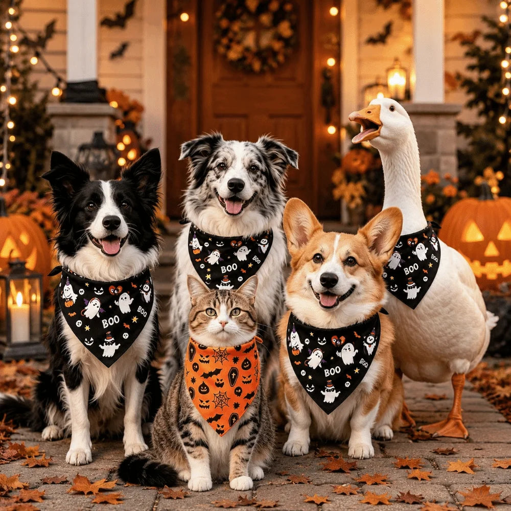 Cute Halloween Pet Bandana – Ghost & Pumpkin Print Scarf