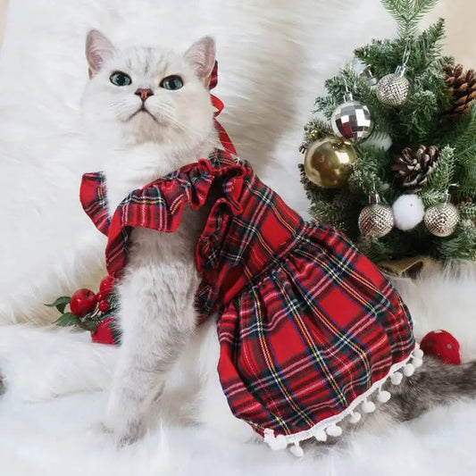 Christmas Plaid Pet Dress – Classic Holiday Party Outfit for Dogs & Cats