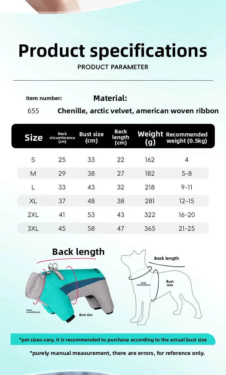 Arctic Velvet Lined Pet Winter Jumpsuit – Warm Reflective Waterproof Coat for Dogs