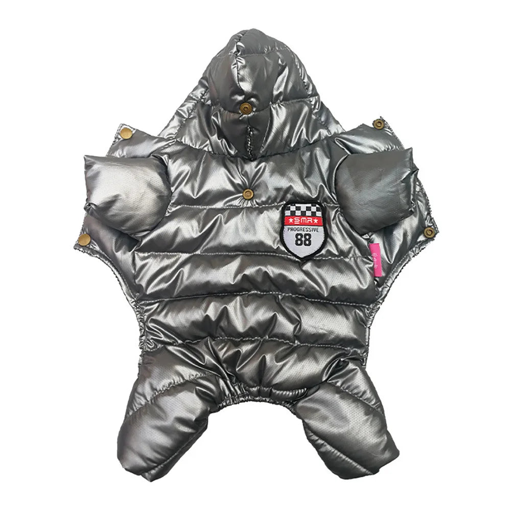 Shiny Hooded Dog Puffer Jumpsuit – Quilted Four-Leg Winter Coat