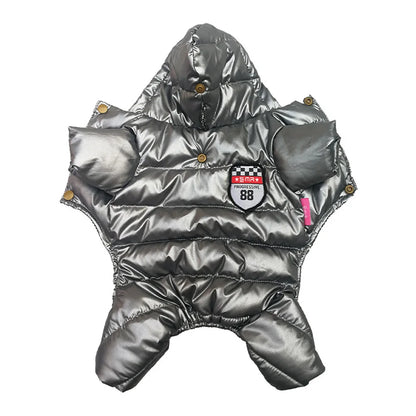 Shiny Hooded Dog Puffer Jumpsuit – Quilted Four-Leg Winter Coat