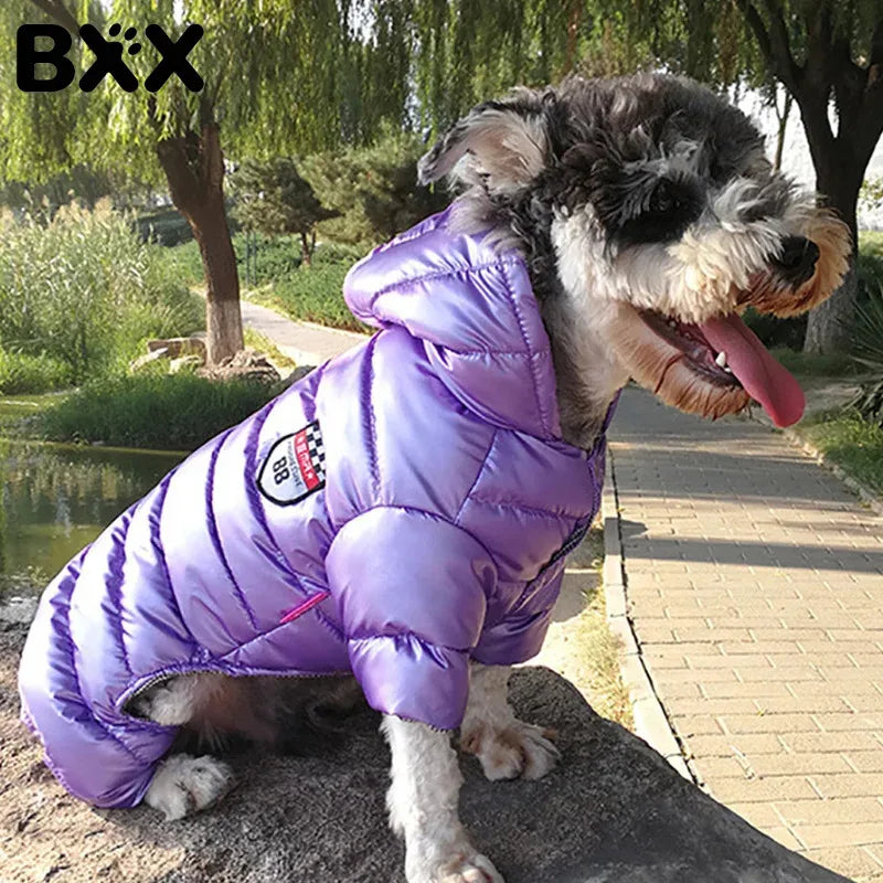 Shiny Hooded Dog Puffer Jumpsuit – Quilted Four-Leg Winter Coat