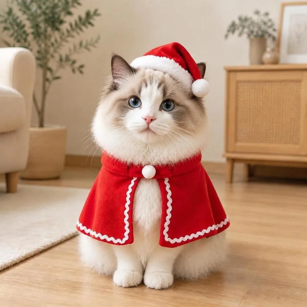 Plush Christmas Pet Cape – Adjustable Red Holiday Cloak for Dogs & Cats