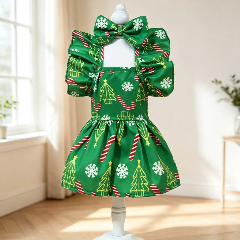 Christmas Snowflake Pet Dress – Ruffle Bow Princess Outfit for Dogs & Cats
