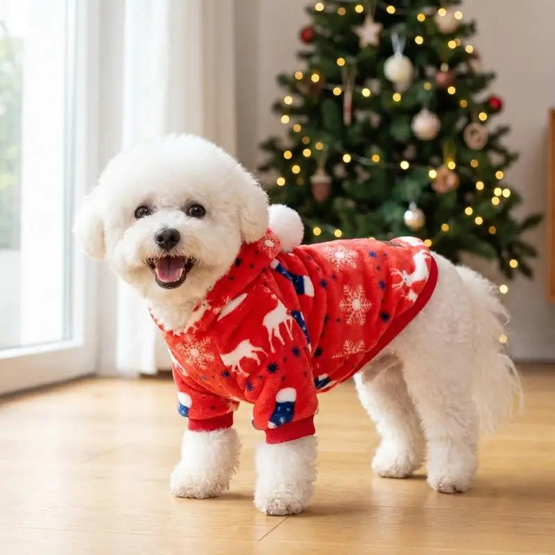 Christmas Flannel Pet Hoodie with Pom Pom Hat – Festive Outfit for Dogs & Cats