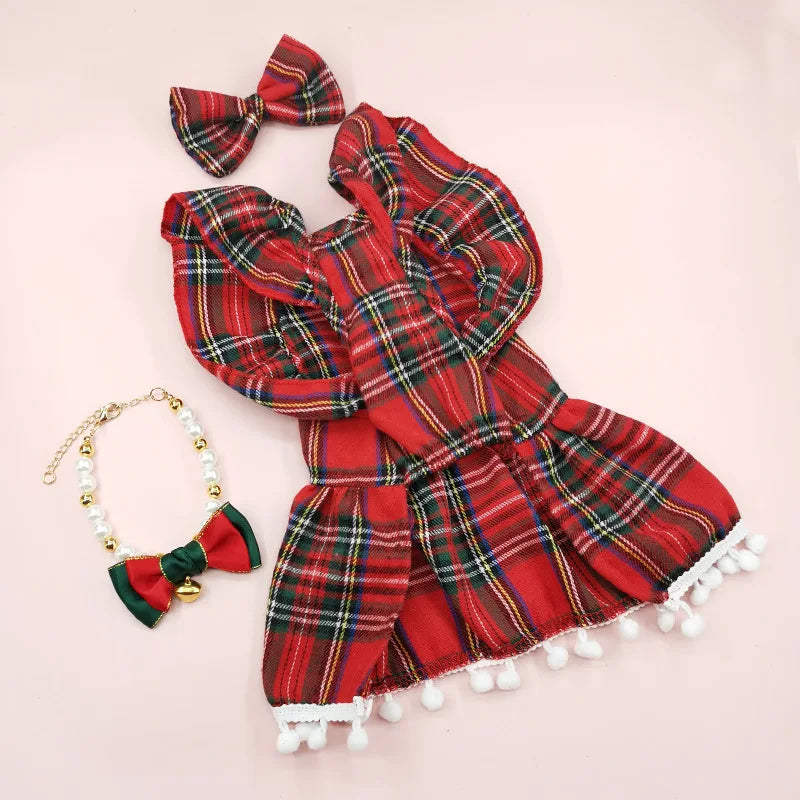 Christmas Plaid Pet Dress – Classic Holiday Party Outfit for Dogs & Cats