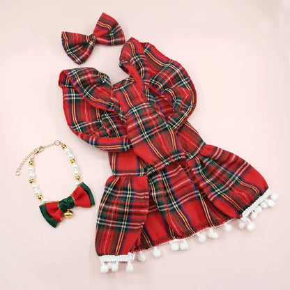 Christmas Plaid Pet Dress – Classic Holiday Party Outfit for Dogs & Cats