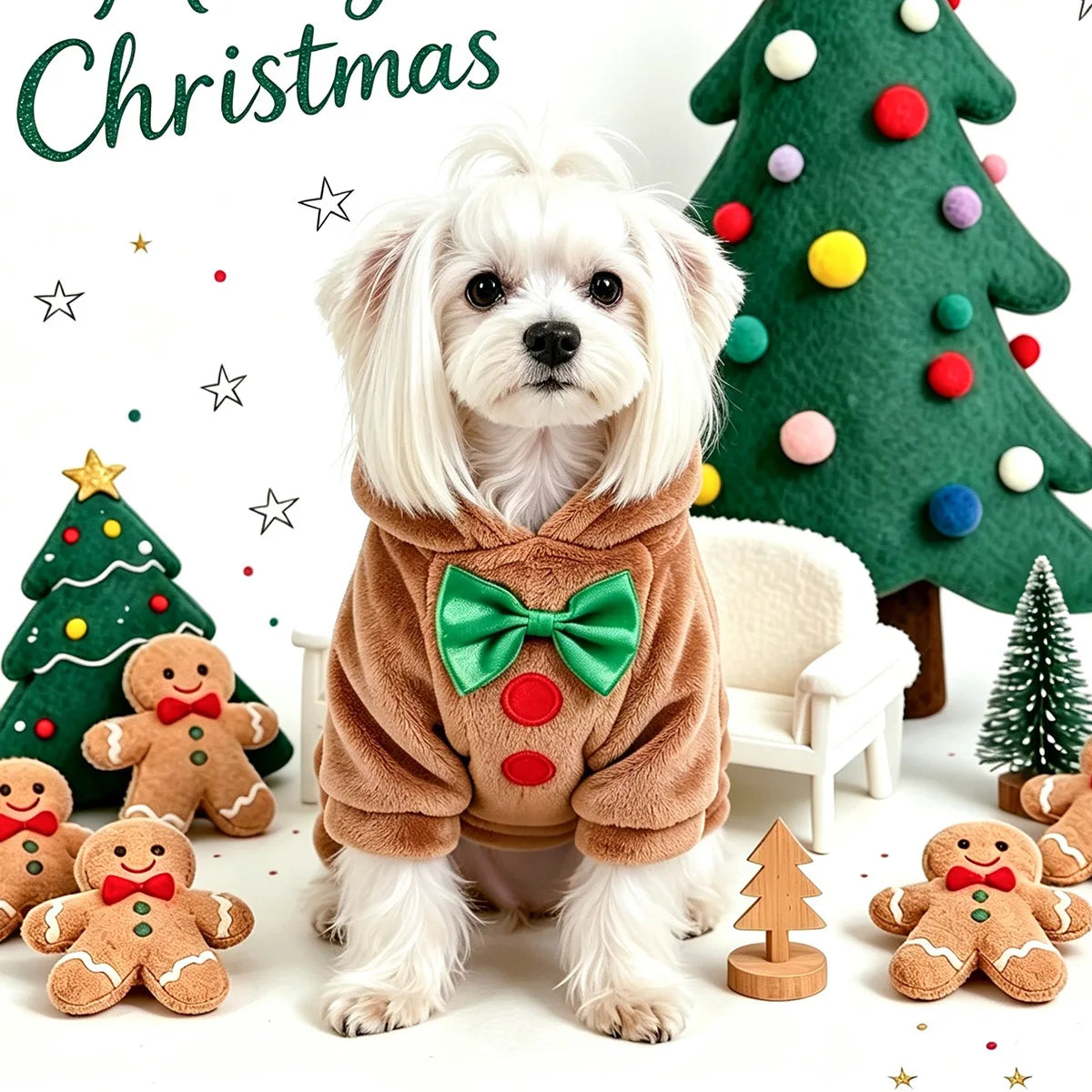 Velvet Gingerbread Christmas Pet Hoodie – Warm Holiday Outfit for Dogs & Cats
