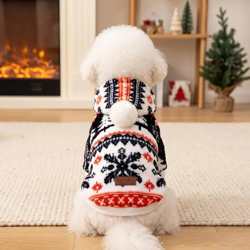 Christmas Flannel Pet Hoodie with Pom Pom Hat – Festive Outfit for Dogs & Cats