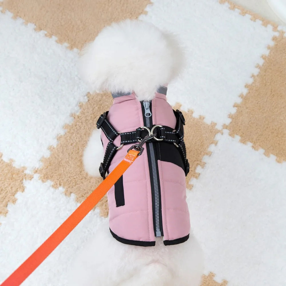 Waterproof Padded Dog Winter Jacket – Reflective Zipper Coat with Built-In Harness