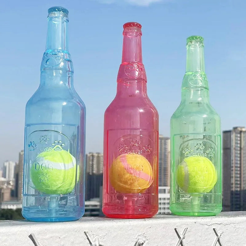 Beer Bottle Dog Chew Toy with Tennis Ball – Squeaky Interactive Dental Toy