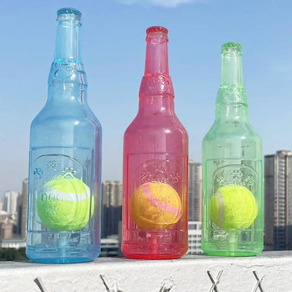 Beer Bottle Dog Chew Toy with Tennis Ball – Squeaky Interactive Dental Toy