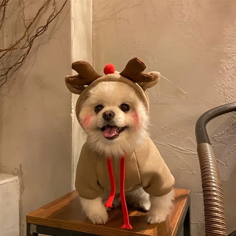 Christmas Reindeer Pet Sweater – Hooded Antler Costume for Dogs & Cats