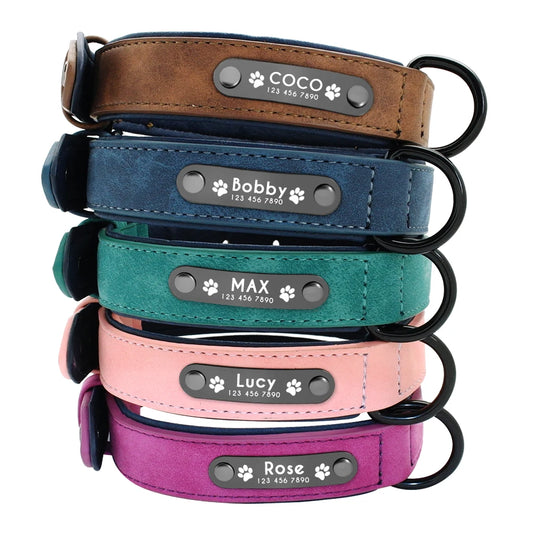 Personalized Leather Dog Collar – Custom Name & ID Tag