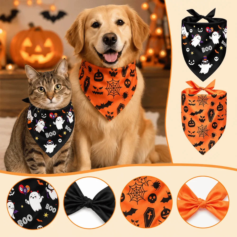 Cute Halloween Pet Bandana – Ghost & Pumpkin Print Scarf