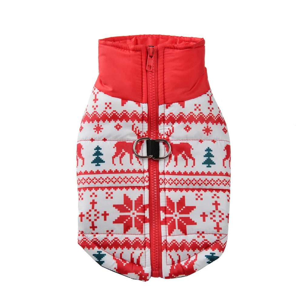 Christmas Print Pet Jacket – Winter Coat with D-Ring for Dogs & Cats