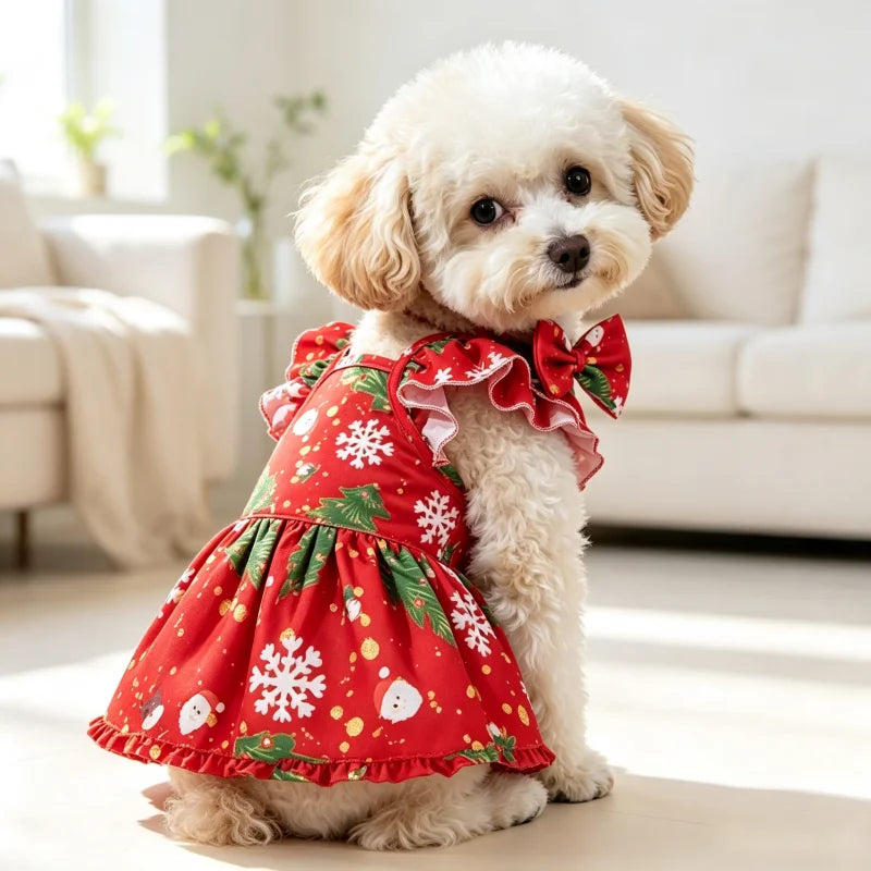 Christmas Snowflake Pet Dress – Ruffle Bow Princess Outfit for Dogs & Cats