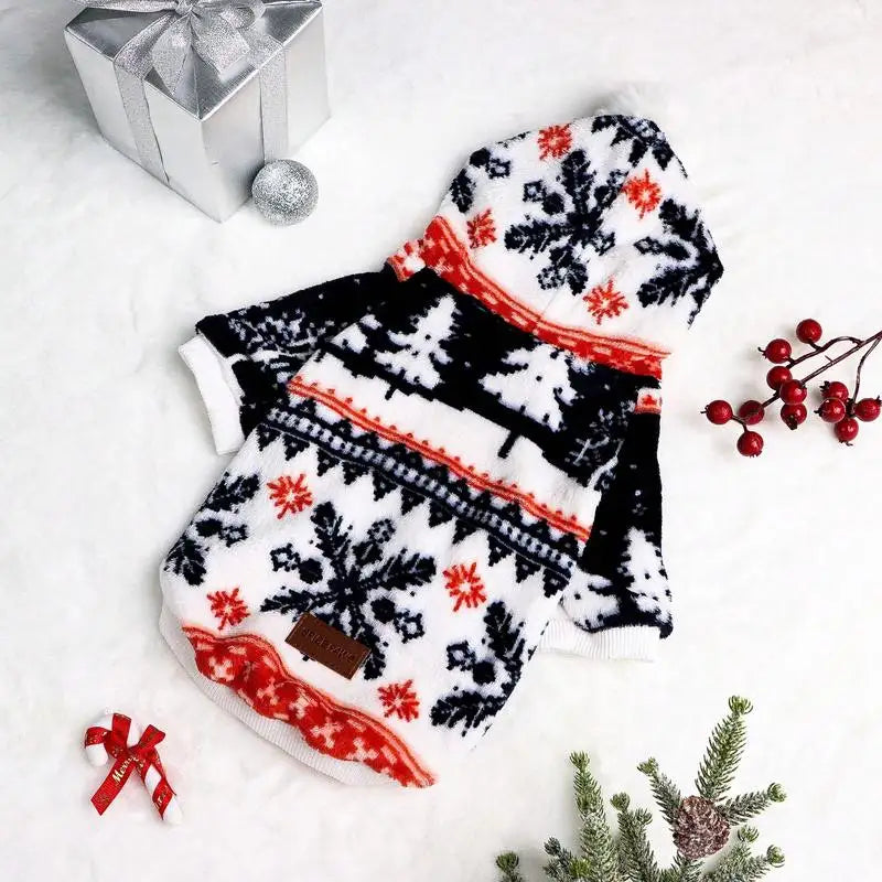 Christmas Flannel Pet Hoodie with Pom Pom Hat – Festive Outfit for Dogs & Cats