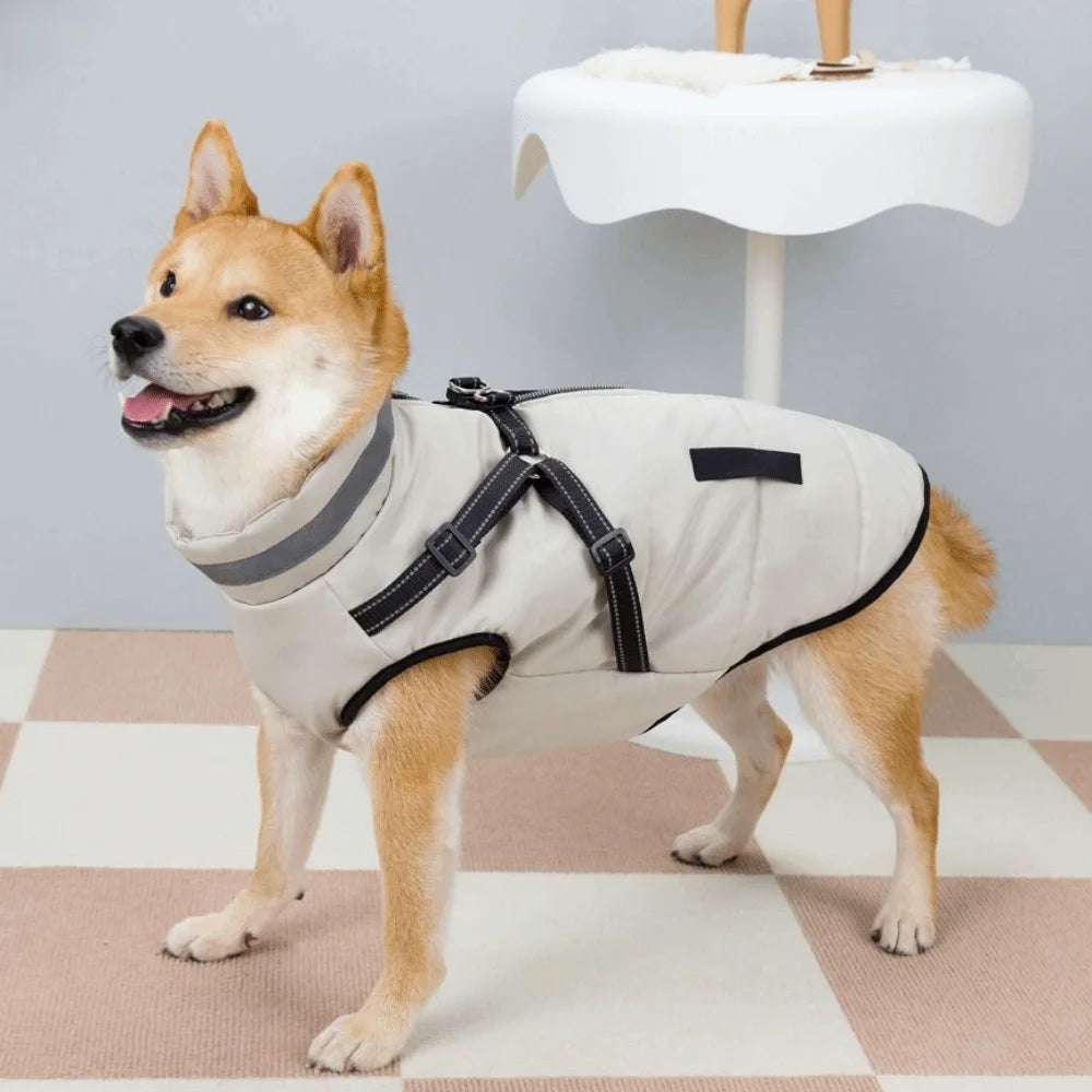 Waterproof Padded Dog Winter Jacket – Reflective Zipper Coat with Built-In Harness