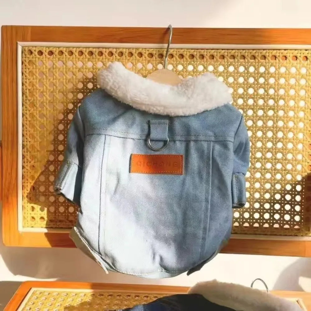 Denim Style Pet Winter Vest – Warm Windproof Coat with D-Ring for Dogs & Cats