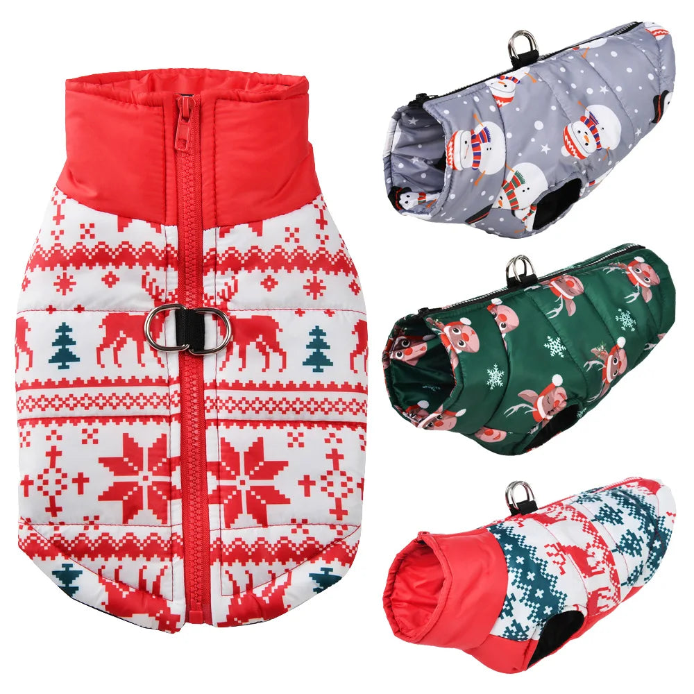Christmas Print Pet Jacket – Winter Coat with D-Ring for Dogs & Cats