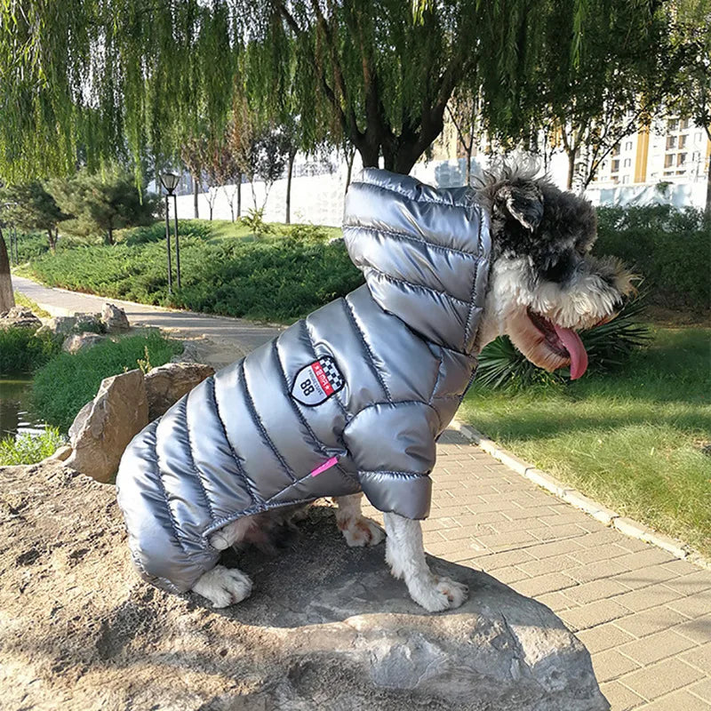Shiny Hooded Dog Puffer Jumpsuit – Quilted Four-Leg Winter Coat