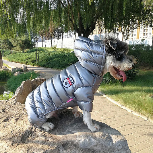 Shiny Hooded Dog Puffer Jumpsuit – Quilted Four-Leg Winter Coat