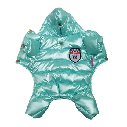 Shiny Hooded Dog Puffer Jumpsuit – Quilted Four-Leg Winter Coat
