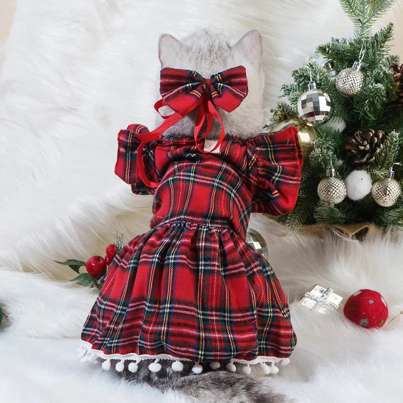 Christmas Plaid Pet Dress – Classic Holiday Party Outfit for Dogs & Cats