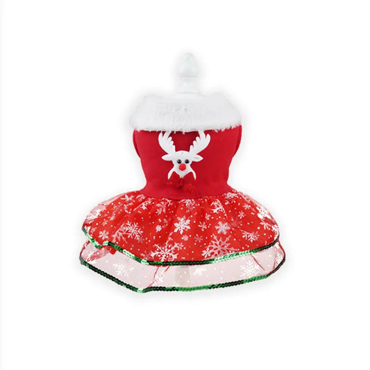 Christmas Snowflake Sequin Pet Dress – Princess Skirt with Fur Collar for Dogs & Cats