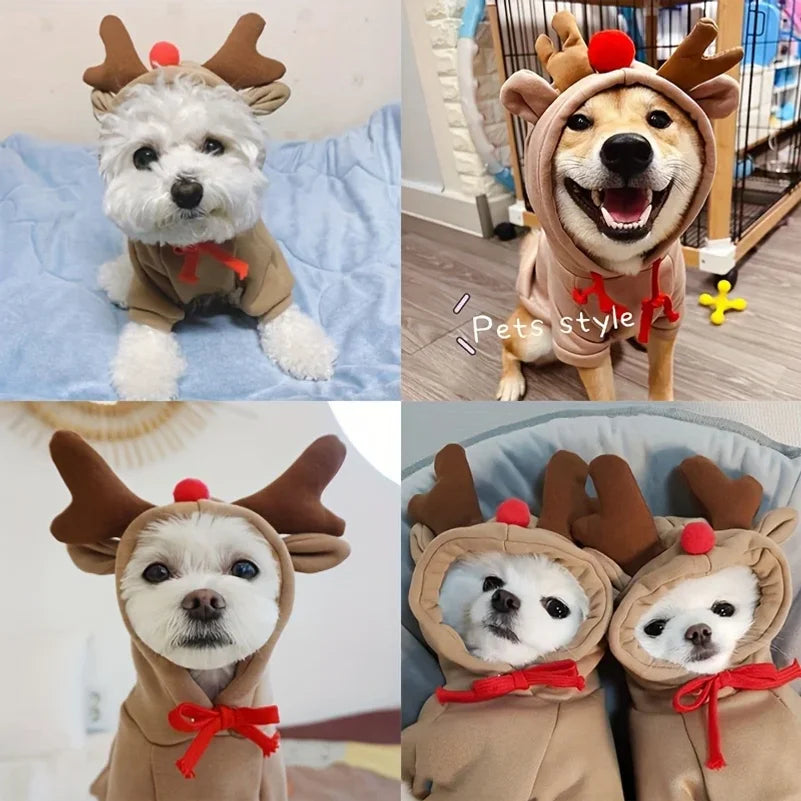 Christmas Reindeer Pet Sweater – Hooded Antler Costume for Dogs & Cats