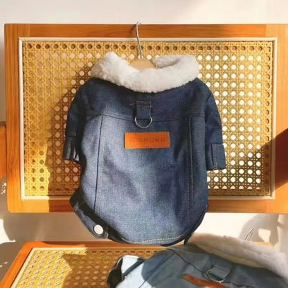 Denim Style Pet Winter Vest – Warm Windproof Coat with D-Ring for Dogs & Cats