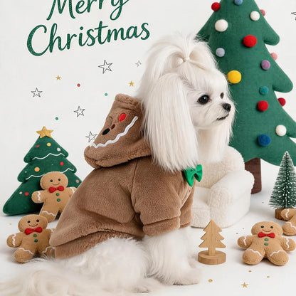 Velvet Gingerbread Christmas Pet Hoodie – Warm Holiday Outfit for Dogs & Cats