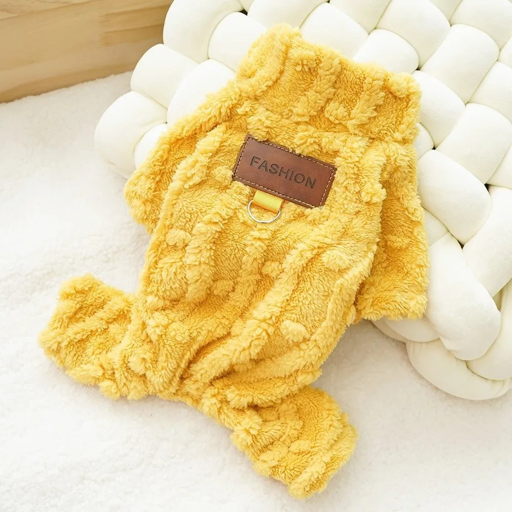Thick Plush Dog Jumpsuit with D-Ring – Warm Four-Leg Winter Coat