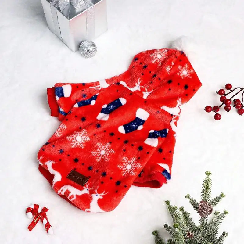 Christmas Flannel Pet Hoodie with Pom Pom Hat – Festive Outfit for Dogs & Cats