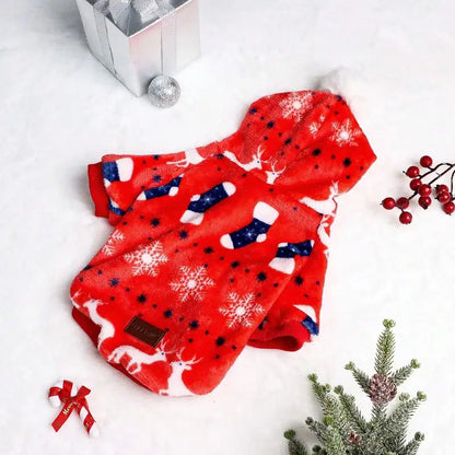 Christmas Flannel Pet Hoodie with Pom Pom Hat – Festive Outfit for Dogs & Cats