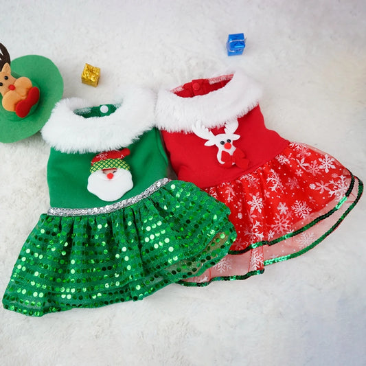 Christmas Snowflake Sequin Pet Dress – Princess Skirt with Fur Collar for Dogs & Cats